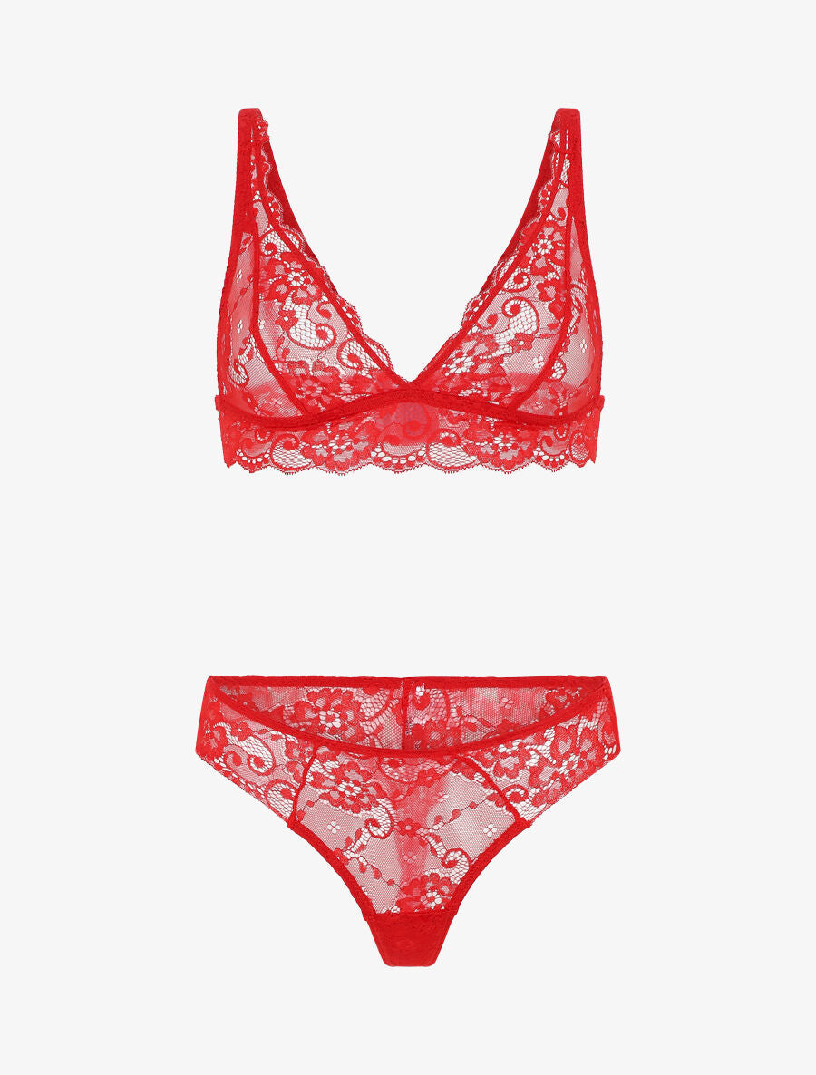 Ensemble soutien-gorge triangle et tanga en dentelle - Rouge - 2