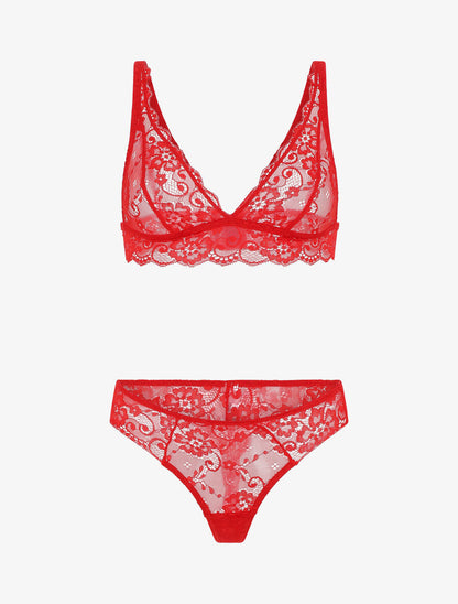 Ensemble soutien-gorge triangle et tanga en dentelle - Rouge - 2