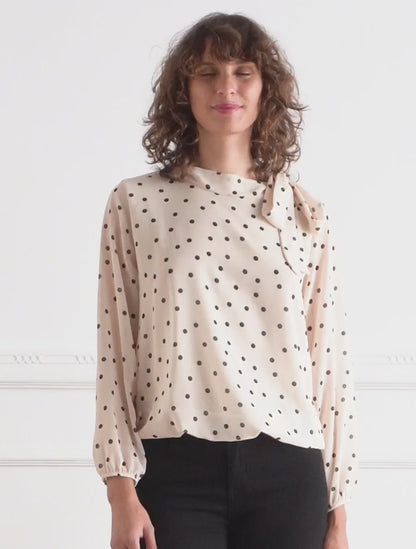 Top a pois con colletto lavallière - Beige